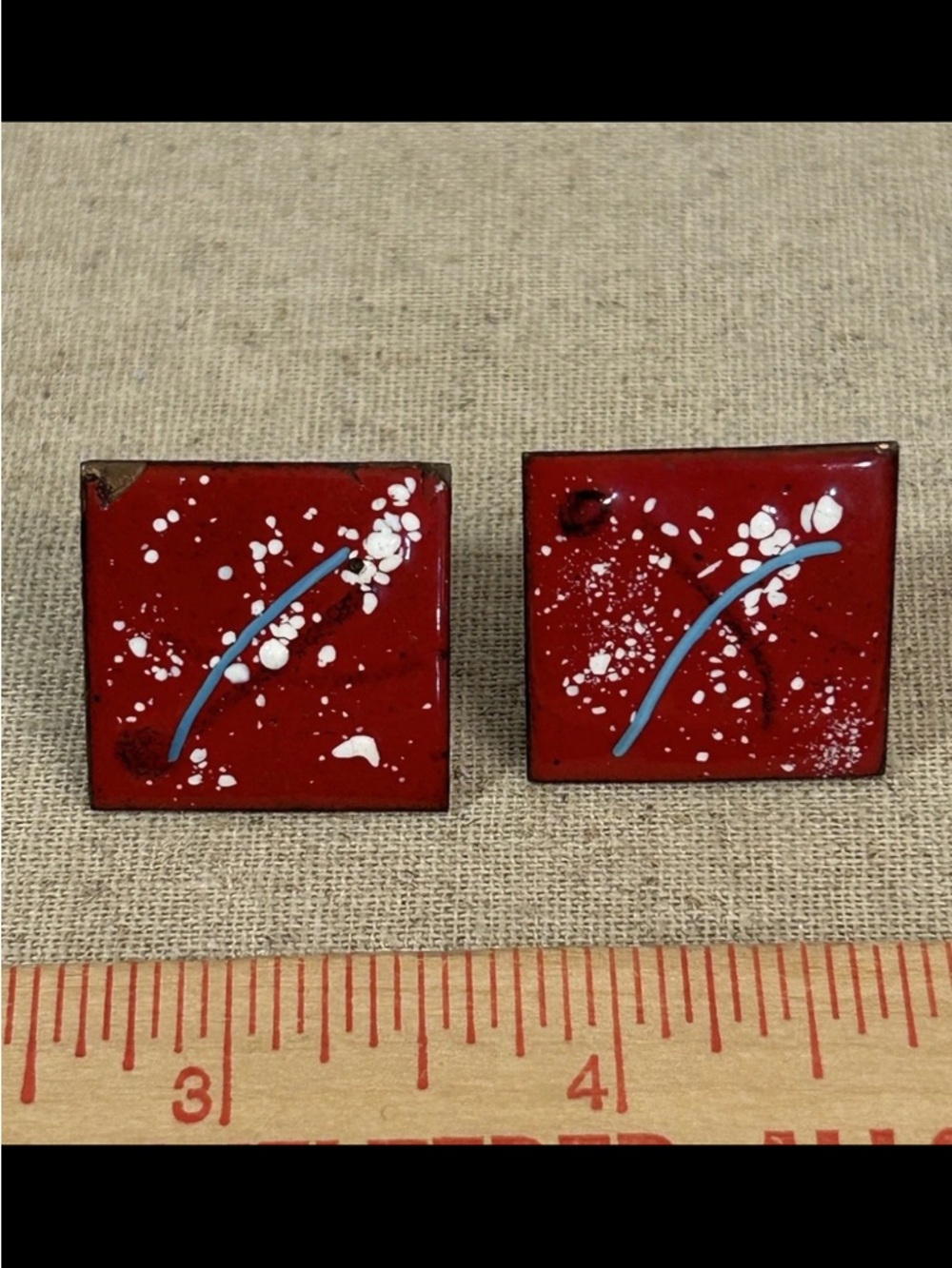 Vintage Artisan Enamel on Copper Earrings Screw Back Modernist Splatter Paint